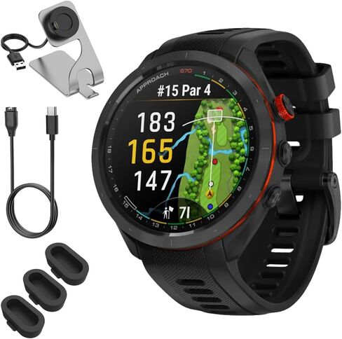 Garmin 010-02746-02 Approach S70 47 mm Premium GPS Golf Watch, Black Band Bundle with Deco Essentials Charging Dock, 3X Silicone Dust Cover and USB Type C Charging and Sync Cable in Saudi Arabia