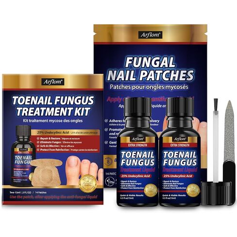 Toenail Fungus Treatment Kit: 2 Pcs Extra Strength 25% Undecylenic Acid Solution & 14 Fungal Nail Renewal Patches - for Toe Nail & Fingernail with Tea Tree Oil (0.51 Fl Oz (Pack of 2)) in Kuwait