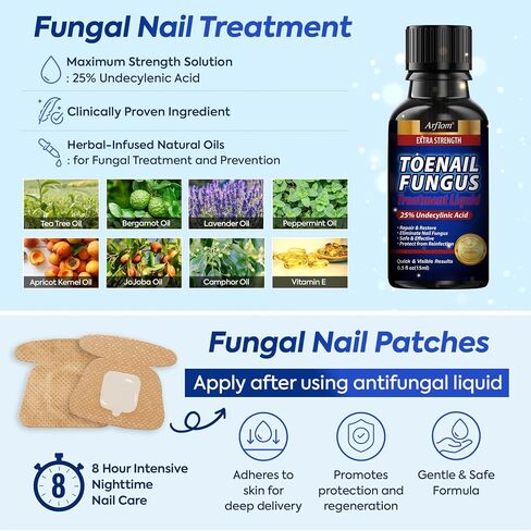 Toenail Fungus Treatment Kit: 2 Pcs Extra Strength 25% Undecylenic Acid Solution & 14 Fungal Nail Renewal Patches - for Toe Nail & Fingernail with Tea Tree Oil (0.51 Fl Oz (Pack of 2)) in Kuwait