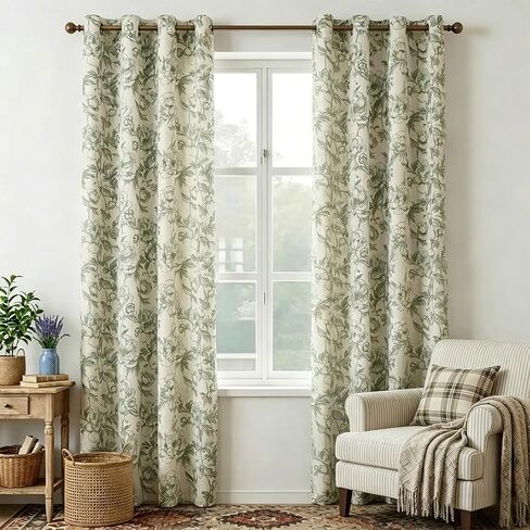 Green Floral Curtains for Living Room 84 Inches Long French Country Green Peony Print on Beige Linen Curtains Light Filtering Cottage Window Treatment Farmhouse Drapes, Pack-2, 50" W X 84" L in Saudi Arabia