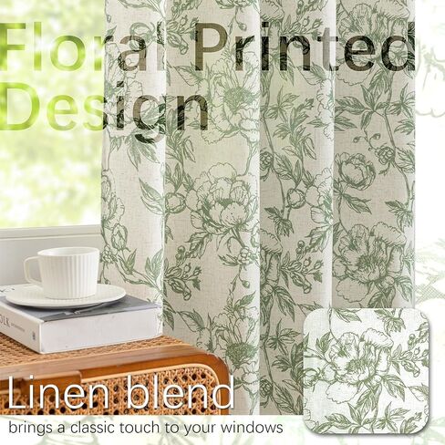 Green Floral Curtains for Living Room 84 Inches Long French Country Green Peony Print on Beige Linen Curtains Light Filtering Cottage Window Treatment Farmhouse Drapes, Pack-2, 50" W X 84" L in Saudi Arabia