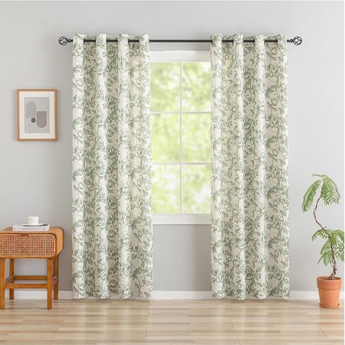 Green Floral Curtains for Living Room 84 Inches Long French Country Green Peony Print on Beige Linen Curtains Light Filtering Cottage Window Treatment Farmhouse Drapes, Pack-2, 50" W X 84" L in Saudi Arabia