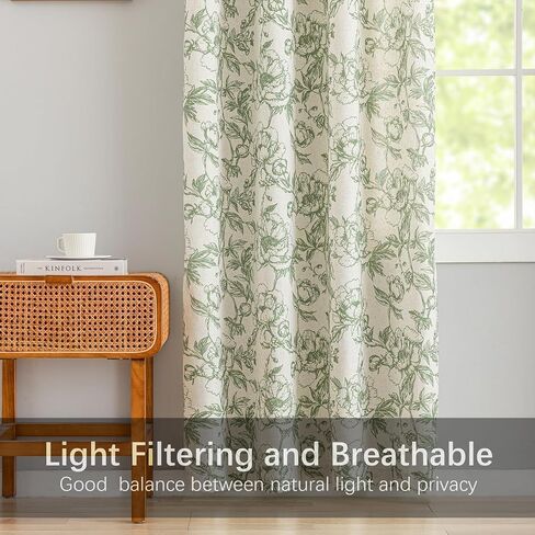 Green Floral Curtains for Living Room 84 Inches Long French Country Green Peony Print on Beige Linen Curtains Light Filtering Cottage Window Treatment Farmhouse Drapes, Pack-2, 50" W X 84" L in Saudi Arabia