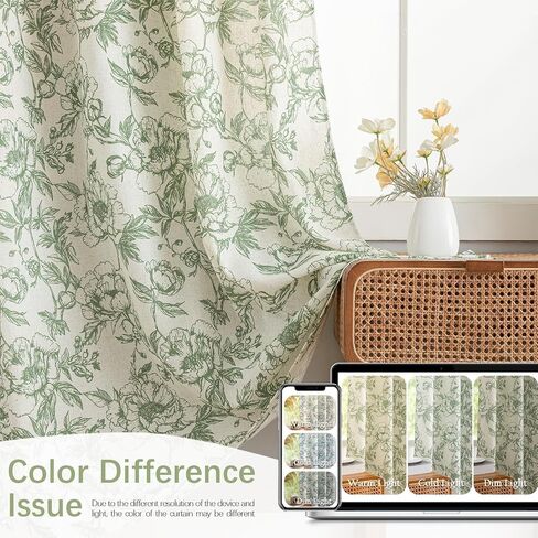 Green Floral Curtains for Living Room 84 Inches Long French Country Green Peony Print on Beige Linen Curtains Light Filtering Cottage Window Treatment Farmhouse Drapes, Pack-2, 50" W X 84" L in Saudi Arabia