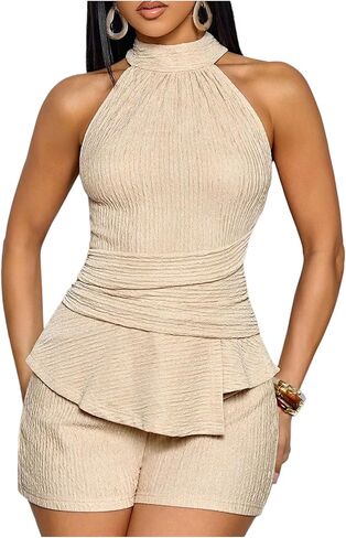 OYOANGLE Women's Textured Mock Neck Halter Romper Sleeveless Ruched Peplum Work Shorts Jumpsuits in Kuwait