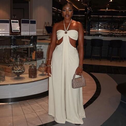 Womens Fashion Halter Jumpsuit Sexy One Piece Outfit Wide Leg Long Pants Loose Overalls Romper For Women in Kuwait