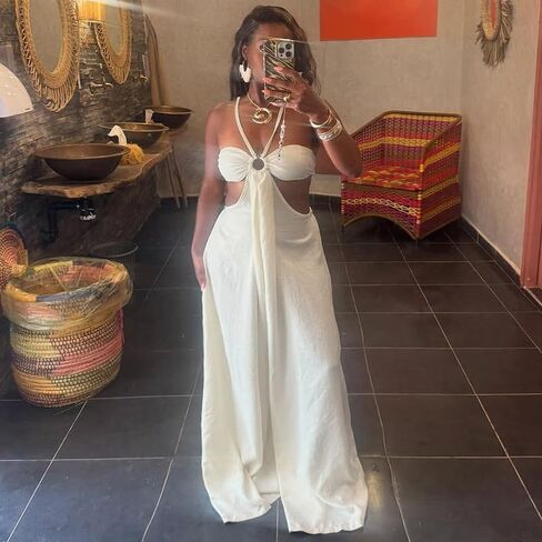 Womens Fashion Halter Jumpsuit Sexy One Piece Outfit Wide Leg Long Pants Loose Overalls Romper For Women in Kuwait