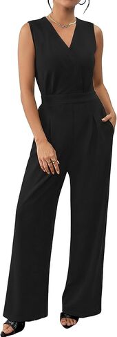 chicyes Women's Jumpsuits Dressy Summer Sleeveless V Neck Wide Leg Pants Romper Casual Vacation Travel Outfits in Kuwait