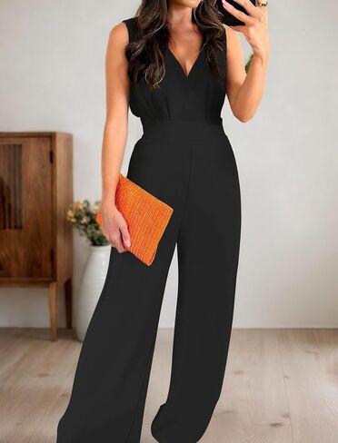 chicyes Women's Jumpsuits Dressy Summer Sleeveless V Neck Wide Leg Pants Romper Casual Vacation Travel Outfits in Kuwait