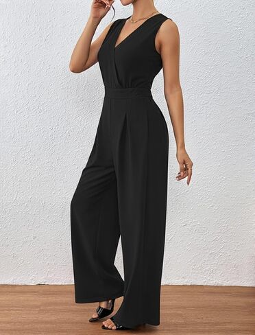 chicyes Women's Jumpsuits Dressy Summer Sleeveless V Neck Wide Leg Pants Romper Casual Vacation Travel Outfits in Kuwait