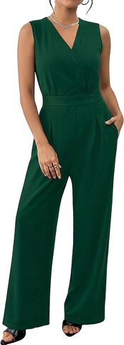 chicyes Women's Jumpsuits Dressy Summer Sleeveless V Neck Wide Leg Pants Romper Casual Vacation Travel Outfits in Kuwait