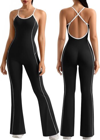 Relety Womens Flare Workout Jumpsuits Scoop Neck Cross Straps Backless Romper Contrast Trims Padded One Piece Yoga Unitard in Saudi Arabia