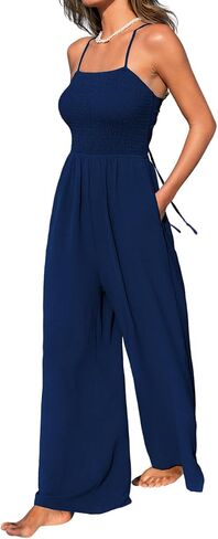 CUPSHE Women's Summer Sleeveless Jumpsuit Square Neck Smocked Wide Leg Long Pants Romper Casual One Piece Outfit with Pockets in Kuwait