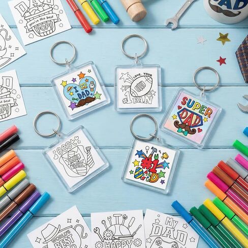 EZdhuawuse Acrylic Father's Day Keychains - 36 Set DIY Color Your Own Dad Keychain Gift Bulk, Best Dad Paper Craft Kit for Kid Classroom Home Activities, Clear Acrylic Blanks with Paint Pens Key Rings in Saudi Arabia