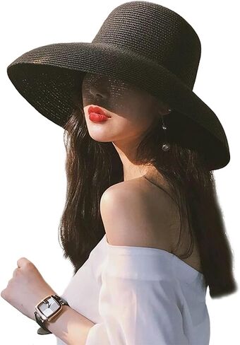 Wide-Brim Classic Elegant Style Foldable Straw Hat Women's Retro UV Resistant Sun Hats for Outdoor, Beach and Travel in Saudi Arabia