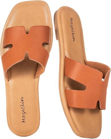 mazeskin Women's Memory Foam Comfortable Vegan Leather H-Band Flat Slide Sandals Casual Summer Dressy Cutout Slip-on Shoes in Saudi Arabia