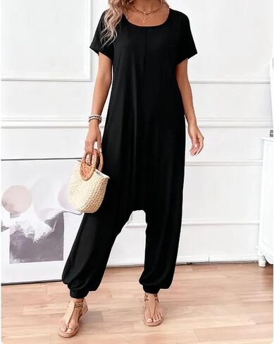 Women Short Sleeve Round Neck Relaxed Fit Jumpsuit with Cuffed Tapered Legs Casual One-Piece Loungewear Outfit Soft Home Wear in Kuwait