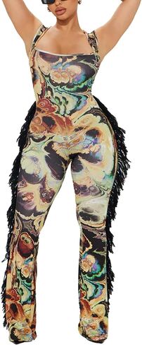 Mandonce Sexy Jumpsuits for Women Off Shoulder Sleeveless Scoop Neck Jumpsuits with Tassels Vintage Casual Outfits Going Out in Kuwait