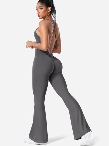 Women Strappy Flare Jumpsuits Sexy V Back Backless Gym Workout Scrunch Butt Yoga Rompers in Kuwait
