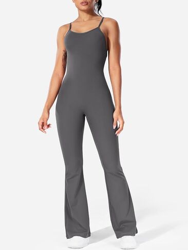 Women Strappy Flare Jumpsuits Sexy V Back Backless Gym Workout Scrunch Butt Yoga Rompers in Kuwait