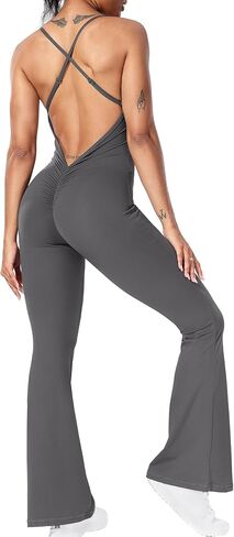 Women Strappy Flare Jumpsuits Sexy V Back Backless Gym Workout Scrunch Butt Yoga Rompers in Kuwait