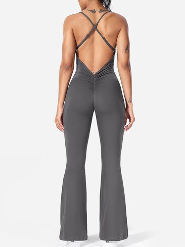 Women Strappy Flare Jumpsuits Sexy V Back Backless Gym Workout Scrunch Butt Yoga Rompers in Kuwait