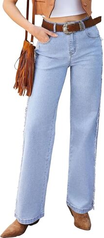 Sidefeel Womens Wide Leg Jeans High Waisted Straight Leg Stretchy Patchwork Side Panel Denim Pants with Pockets in Kuwait