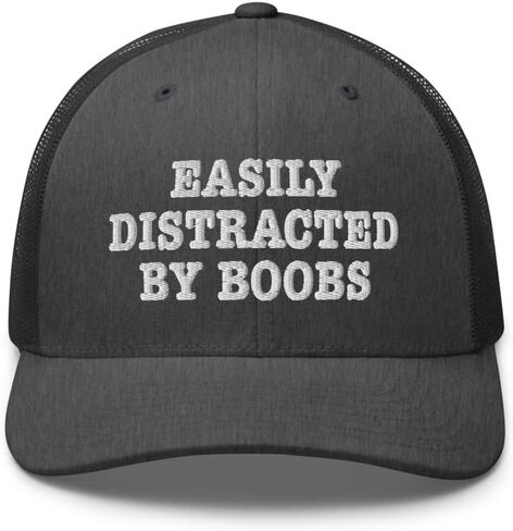 NX Easily Distracted by Boobs Embroidered Trucker Hat Curved Bill Mid Crown Snapback Funny Adult Humor Cap in Kuwait