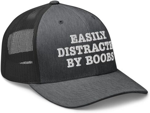 NX Easily Distracted by Boobs Embroidered Trucker Hat Curved Bill Mid Crown Snapback Funny Adult Humor Cap in Kuwait