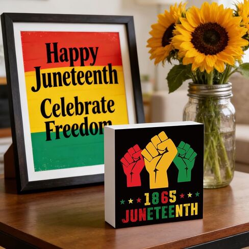 YUNKKIN Juneteenth Decorations Juneteenth 1865 Sign Indoor Home Room Office Bathroom Wood Box Rustic Wooden Shelf Desk Decor Season Sign House Warming Gifts 5.9 x 5.9 Inch in Kuwait
