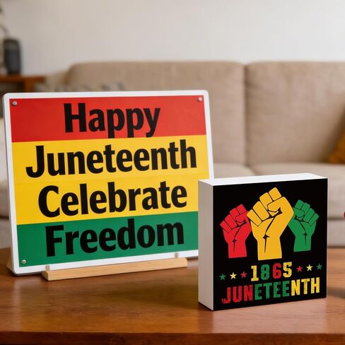 YUNKKIN Juneteenth Decorations Juneteenth 1865 Sign Indoor Home Room Office Bathroom Wood Box Rustic Wooden Shelf Desk Decor Season Sign House Warming Gifts 5.9 x 5.9 Inch in Kuwait