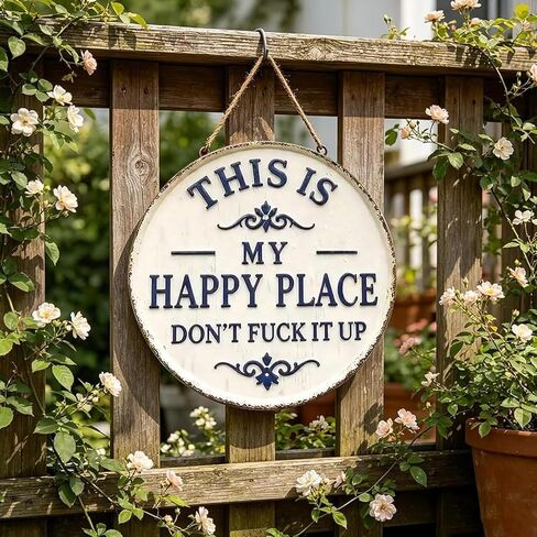 Happy Place – Vintage Statement Metal Sign,“This is My Happy Place Don’t Fuck It Up" Round Garden Wall Decor, Hanging Signs & Plaques, Funny Home Decorative for Front Door 12in in Kuwait