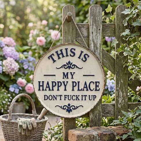 Happy Place – Vintage Statement Metal Sign,“This is My Happy Place Don’t Fuck It Up" Round Garden Wall Decor, Hanging Signs & Plaques, Funny Home Decorative for Front Door 12in in Kuwait