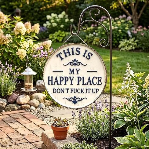 Happy Place – Vintage Statement Metal Sign,“This is My Happy Place Don’t Fuck It Up" Round Garden Wall Decor, Hanging Signs & Plaques, Funny Home Decorative for Front Door 12in in Kuwait