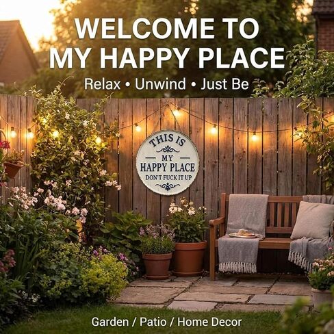 Happy Place – Vintage Statement Metal Sign,“This is My Happy Place Don’t Fuck It Up" Round Garden Wall Decor, Hanging Signs & Plaques, Funny Home Decorative for Front Door 12in in Kuwait