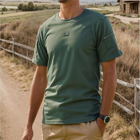 Men's Short Sleeve Tactical T-Shirt, Multi Pocket Lapel Shirt, Summer Outdoor Sports American Style Casual Top in Kuwait