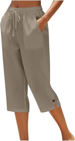 Cotton Linen Capris for Women Drawstring Elastic Waist Wide Leg Cropped Pants Summer Casual Loose Fit Beach Culottes in Saudi Arabia