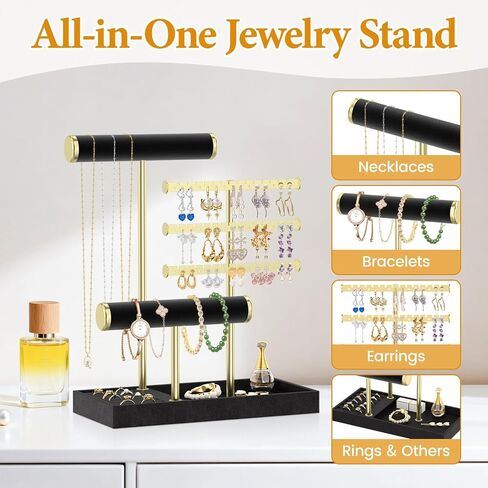 EsLuker.ly Bracelet Holder Earring Display Stand, T Bar Velvet Necklace Organizer Rack with Ring Tray for Vendors Women Selling, Large Capacity Jewelry Tower Tree Tabletop (Black+Gold) in Saudi Arabia