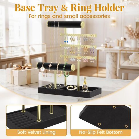 EsLuker.ly Bracelet Holder Earring Display Stand, T Bar Velvet Necklace Organizer Rack with Ring Tray for Vendors Women Selling, Large Capacity Jewelry Tower Tree Tabletop (Black+Gold) in Saudi Arabia