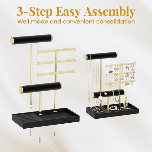 EsLuker.ly Bracelet Holder Earring Display Stand, T Bar Velvet Necklace Organizer Rack with Ring Tray for Vendors Women Selling, Large Capacity Jewelry Tower Tree Tabletop (Black+Gold) in Saudi Arabia