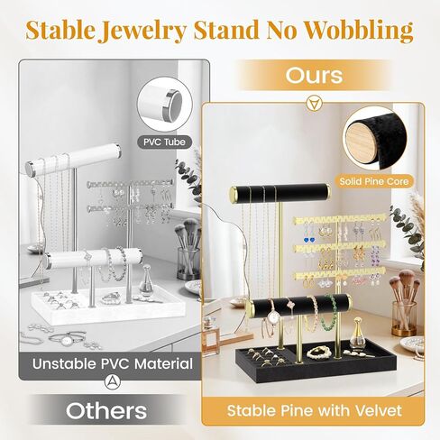 EsLuker.ly Bracelet Holder Earring Display Stand, T Bar Velvet Necklace Organizer Rack with Ring Tray for Vendors Women Selling, Large Capacity Jewelry Tower Tree Tabletop (Black+Gold) in Saudi Arabia