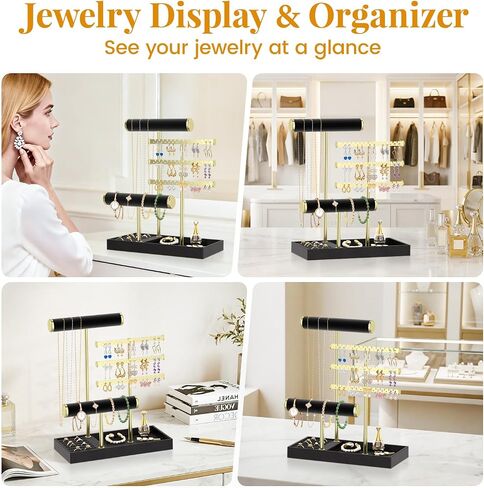 EsLuker.ly Bracelet Holder Earring Display Stand, T Bar Velvet Necklace Organizer Rack with Ring Tray for Vendors Women Selling, Large Capacity Jewelry Tower Tree Tabletop (Black+Gold) in Saudi Arabia
