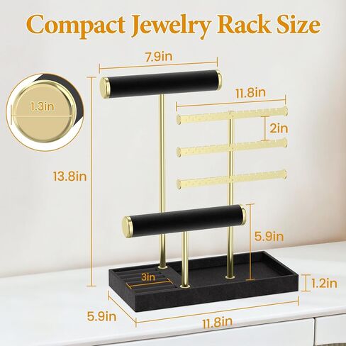 EsLuker.ly Bracelet Holder Earring Display Stand, T Bar Velvet Necklace Organizer Rack with Ring Tray for Vendors Women Selling, Large Capacity Jewelry Tower Tree Tabletop (Black+Gold) in Saudi Arabia