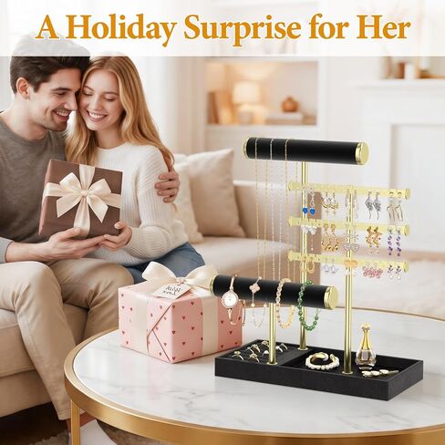 EsLuker.ly Bracelet Holder Earring Display Stand, T Bar Velvet Necklace Organizer Rack with Ring Tray for Vendors Women Selling, Large Capacity Jewelry Tower Tree Tabletop (Black+Gold) in Saudi Arabia