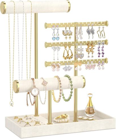EsLuker.ly Bracelet Holder Earring Display Stand, T Bar Velvet Necklace Organizer Rack with Ring Tray for Vendors Women Selling, Large Capacity Jewelry Tower Tree Tabletop (Black+Gold) in Saudi Arabia