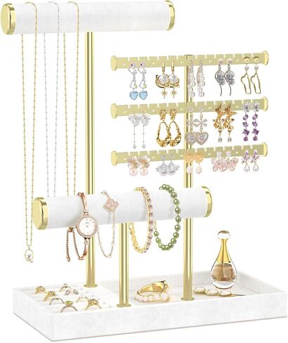 EsLuker.ly Bracelet Holder Earring Display Stand, T Bar Velvet Necklace Organizer Rack with Ring Tray for Vendors Women Selling, Large Capacity Jewelry Tower Tree Tabletop (Black+Gold) in Saudi Arabia