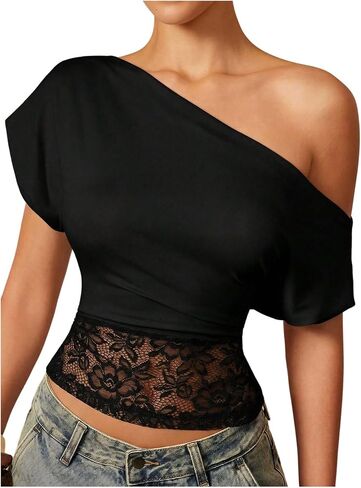 Verdusa Women's Lace Tops Y2K Off The Shoulder T Shirts Summer Chic Outfits in Saudi Arabia