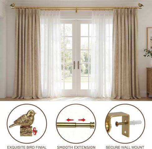 Antique Gold Double Curtain Rod for Windows 68-140 Inch, Adjustable 72-144 Inch Long Decorative Dual Drapery Rod with Bird Ends，Heavy Duty Curtain Rods Vintage for Blackout Curtains in Saudi Arabia