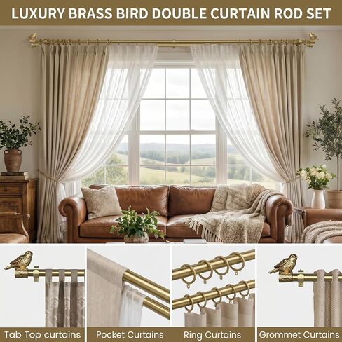 Antique Gold Double Curtain Rod for Windows 68-140 Inch, Adjustable 72-144 Inch Long Decorative Dual Drapery Rod with Bird Ends，Heavy Duty Curtain Rods Vintage for Blackout Curtains in Saudi Arabia