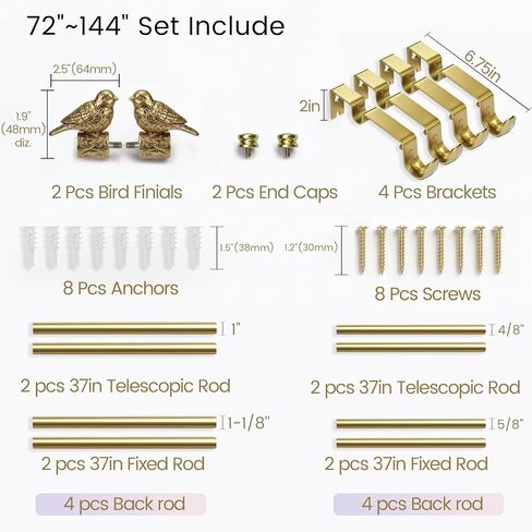 Antique Gold Double Curtain Rod for Windows 68-140 Inch, Adjustable 72-144 Inch Long Decorative Dual Drapery Rod with Bird Ends，Heavy Duty Curtain Rods Vintage for Blackout Curtains in Saudi Arabia